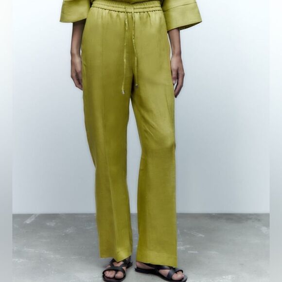 Zara 100% Linen Green Pants New - Picture 9 of 9